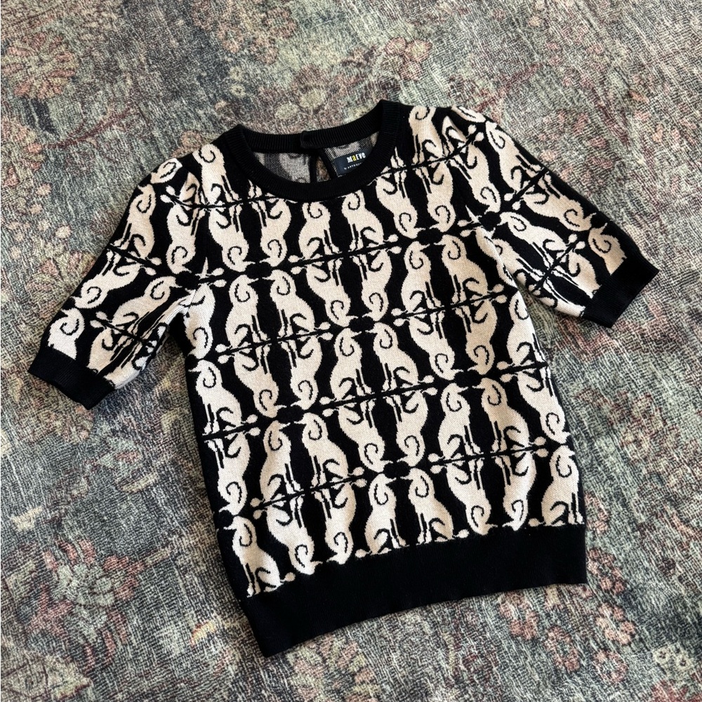 Anthropologie Maeve Black & Tan Poodle Print Sweater XXS